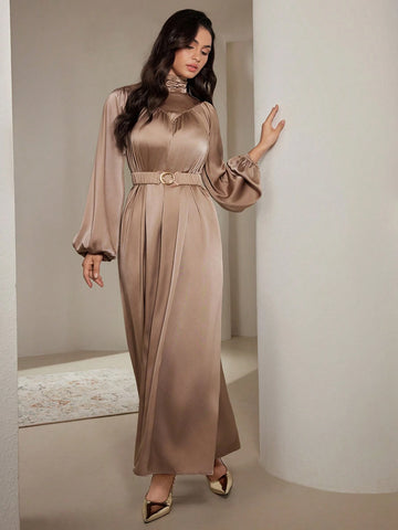Women's Solid Color Turtleneck Long Sleeve Pleated Simple Long Casual Dress