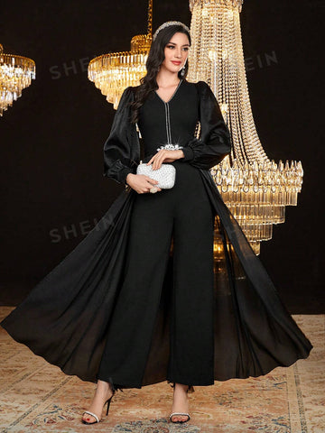 Women's Solid Color V-Neck Bubble Sleeve Jumpsuit