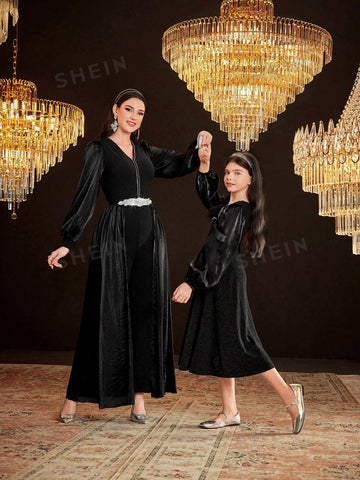 Women's Solid Color V-Neck Bubble Sleeve Jumpsuit