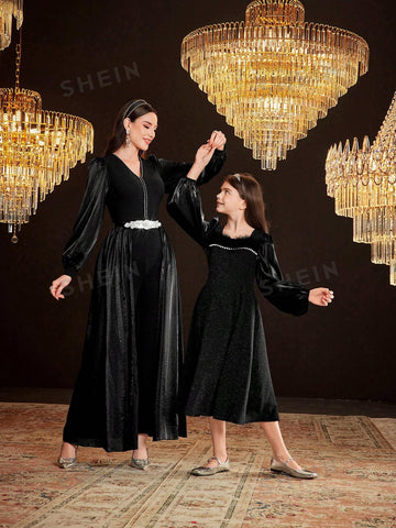 Women's Solid Color V-Neck Bubble Sleeve Jumpsuit