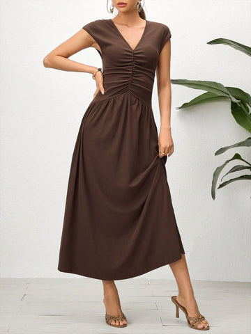 Women's Solid Color V-Neck Cap Sleeve Ruffle Pleated Dress