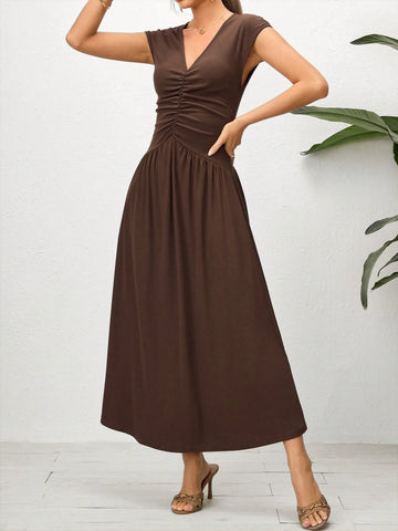 Women's Solid Color V-Neck Cap Sleeve Ruffle Pleated Dress