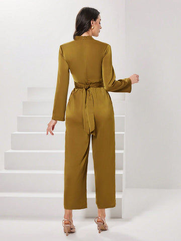 Women's Solid Color V-Neck Long Sleeve Jumpsuit