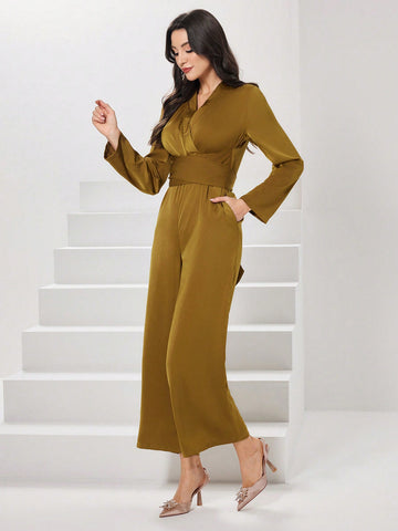 Women's Solid Color V-Neck Long Sleeve Jumpsuit