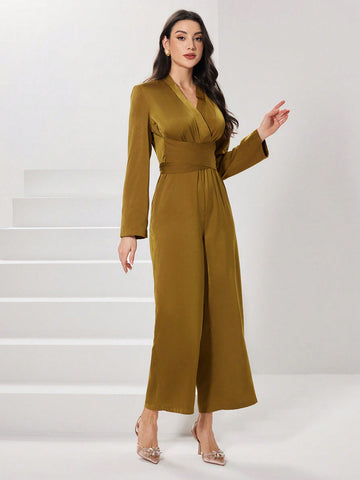 Women's Solid Color V-Neck Long Sleeve Jumpsuit