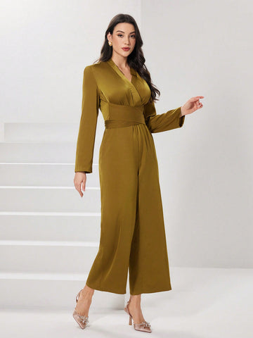 Women's Solid Color V-Neck Long Sleeve Jumpsuit