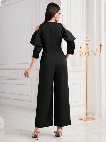 Women's Solid Color V-Neck Off Shoulder Jumpsuit