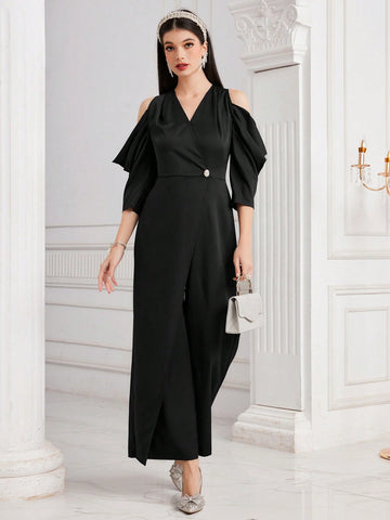 Women's Solid Color V-Neck Off Shoulder Jumpsuit