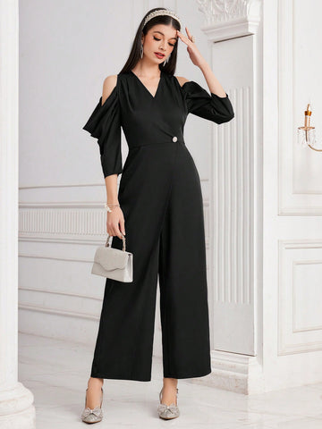 Women's Solid Color V-Neck Off Shoulder Jumpsuit