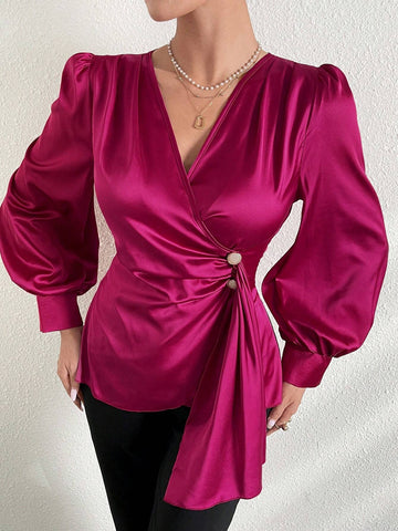 Modely Women's Solid Color V-Neck Pleated Wrap Cross Elegant Long Sleeve Shirt