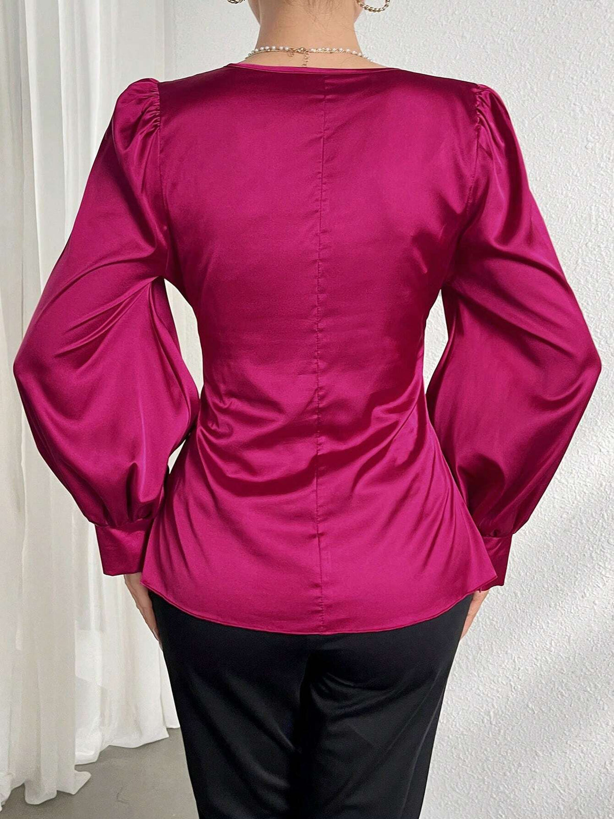 Modely Women's Solid Color V-Neck Pleated Wrap Cross Elegant Long Sleeve Shirt