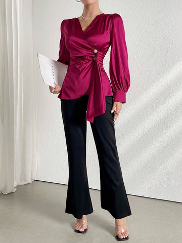 Modely Women's Solid Color V-Neck Pleated Wrap Cross Elegant Long Sleeve Shirt