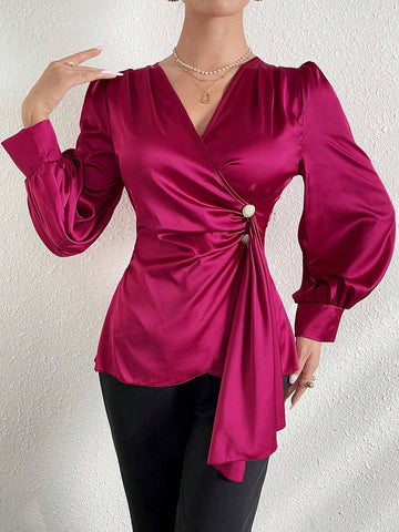 Modely Women's Solid Color V-Neck Pleated Wrap Cross Elegant Long Sleeve Shirt