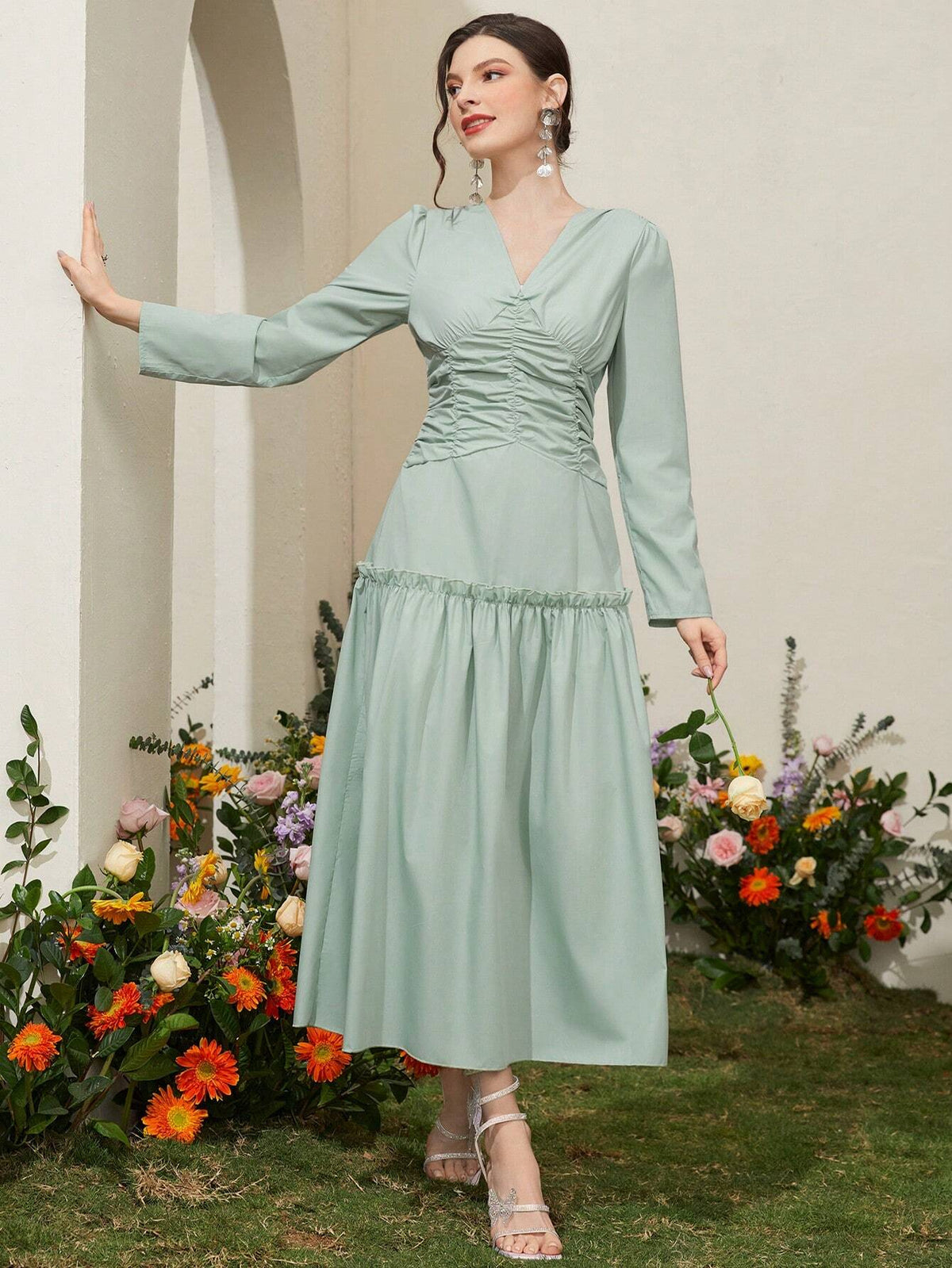 Women's Solid Color V-Neck Ruffle Trim Casual Long Sleeve Dress