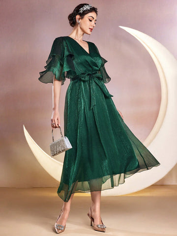 Women's Solid Color Wrap Belted Dress