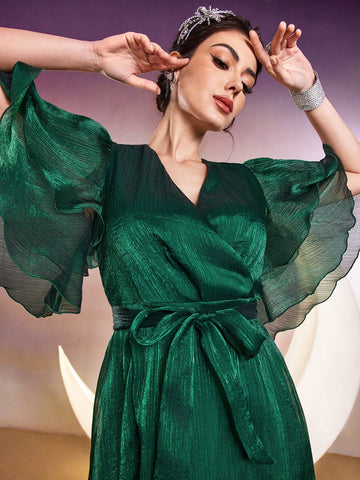 Women's Solid Color Wrap Belted Dress