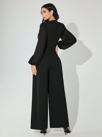 Women's Spring/Autumn Floral Print Faux Pearl Decor Long Sleeve Jumpsuit