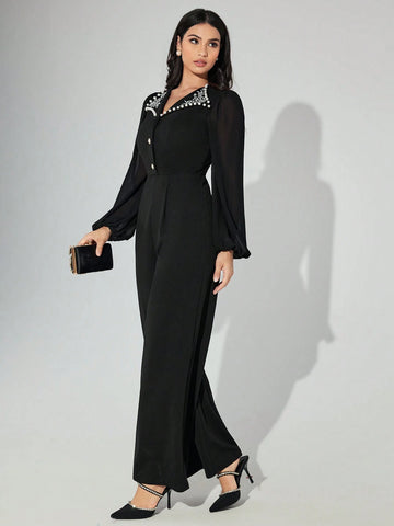 Women's Spring/Autumn Floral Print Faux Pearl Decor Long Sleeve Jumpsuit