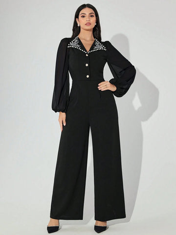 Women's Spring/Autumn Floral Print Faux Pearl Decor Long Sleeve Jumpsuit