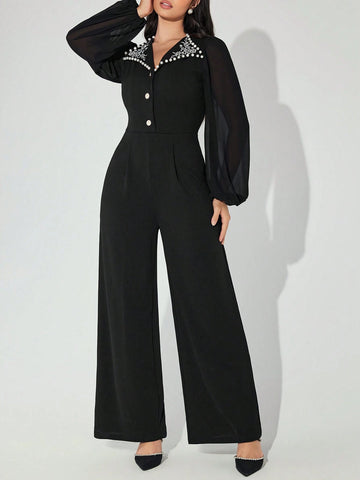 Women's Spring/Autumn Floral Print Faux Pearl Decor Long Sleeve Jumpsuit