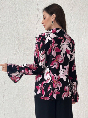 Modely Women's Spring/Summer Floral Print Elegant Bell Sleeve Shirt
