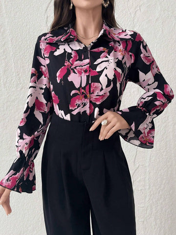 Modely Women's Spring/Summer Floral Print Elegant Bell Sleeve Shirt