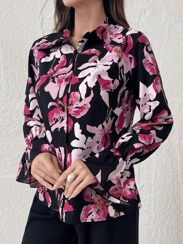 Modely Women's Spring/Summer Floral Print Elegant Bell Sleeve Shirt