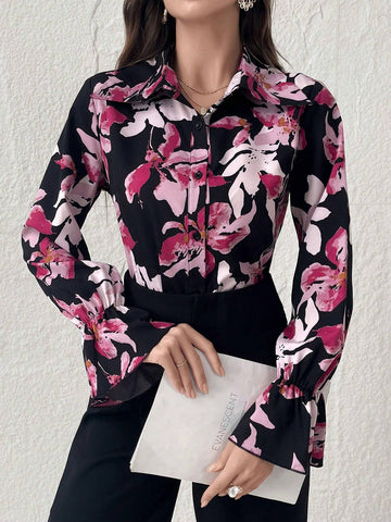 Modely Women's Spring/Summer Floral Print Elegant Bell Sleeve Shirt