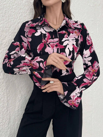 Modely Women's Spring/Summer Floral Print Elegant Bell Sleeve Shirt