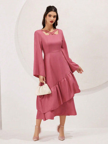 Women's Spring/Summer Solid Color Bell Sleeve Ruffle Hem Dress