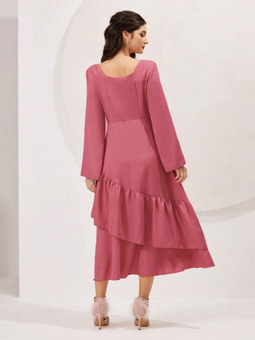 Women's Spring/Summer Solid Color Bell Sleeve Ruffle Hem Dress