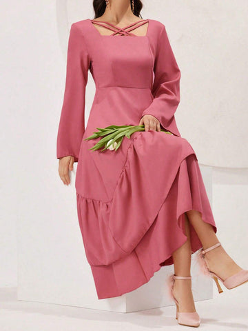 Women's Spring/Summer Solid Color Bell Sleeve Ruffle Hem Dress