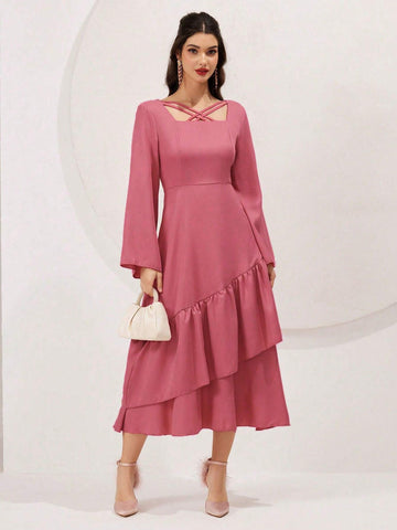 Women's Spring/Summer Solid Color Bell Sleeve Ruffle Hem Dress