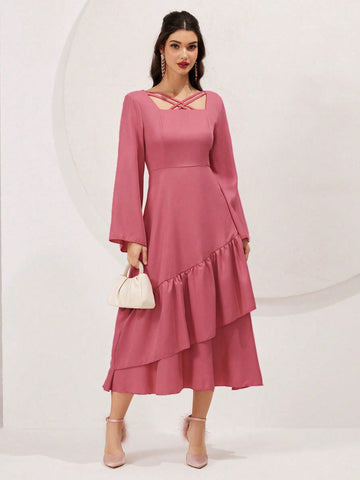 Women's Spring/Summer Solid Color Bell Sleeve Ruffle Hem Dress