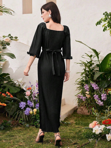 Women's Spring/Summer Solid Color Pleated Long Dress