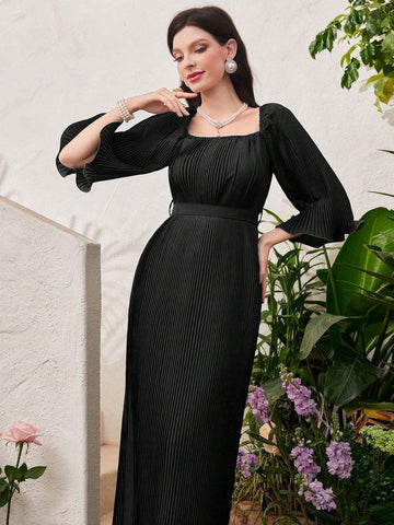 Women's Spring/Summer Solid Color Pleated Long Dress