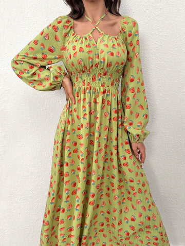 Women's Spring/Summer Strawberry Print Lantern Sleeve A-Line Dress With Waist Tie