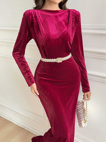 Women's Spring & Autumn Solid Color Stand Collar Long Sleeve Fishtail Hem Fitted Dress
