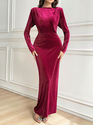 Women's Spring & Autumn Solid Color Stand Collar Long Sleeve Fishtail Hem Fitted Dress