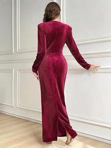 Women's Spring & Autumn Solid Color Stand Collar Long Sleeve Fishtail Hem Fitted Dress