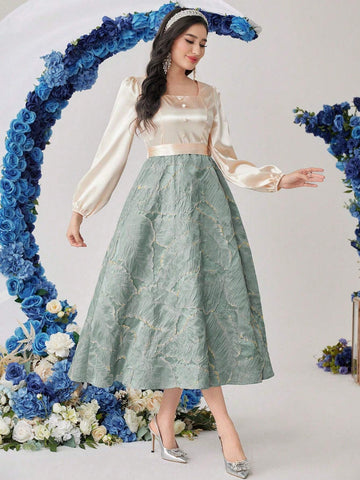 Women's Square Neck Color Block Lantern Sleeve Dress