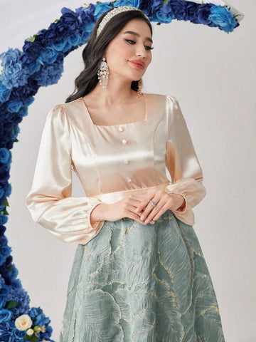 Women's Square Neck Color Block Lantern Sleeve Dress