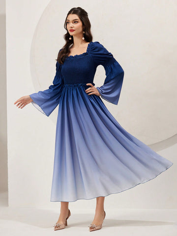 Women's Square Neck Gradient Bell Sleeve Dress