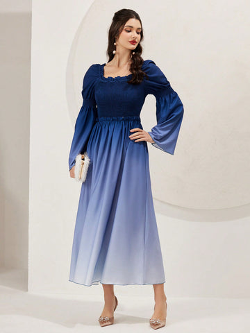 Women's Square Neck Gradient Bell Sleeve Dress