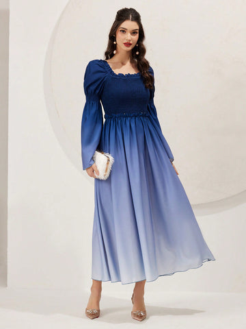 Women's Square Neck Gradient Bell Sleeve Dress