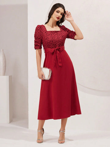 Women's Square Neck Short Puff Sleeve Dress