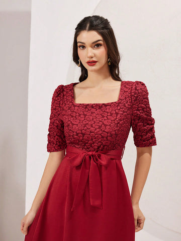 Women's Square Neck Short Puff Sleeve Dress