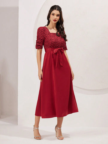 Women's Square Neck Short Puff Sleeve Dress