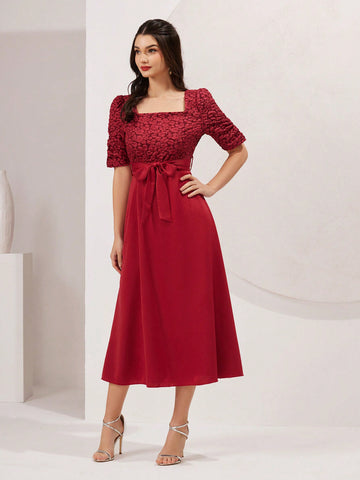 Women's Square Neck Short Puff Sleeve Dress
