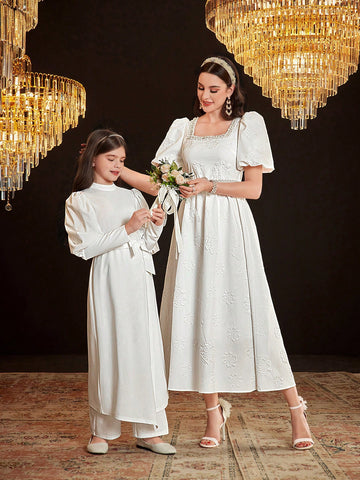 Women's Square Neck Short Puff Sleeve Skirt